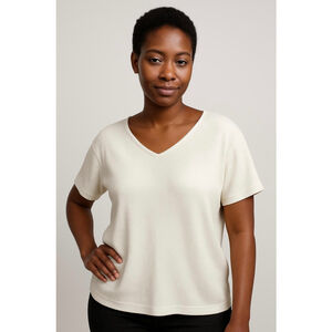 Womens Lands' End White Ribbed VNeck Short Sleeve Tee XL Minimalist Neutral Cozy